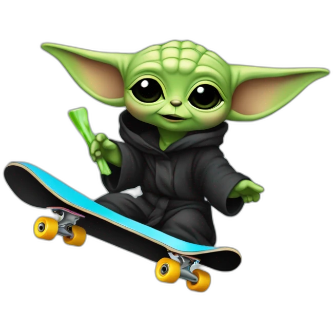 bebe yoda arc-en-ciel qui fait du skate en nageant dans une mer noir emoji