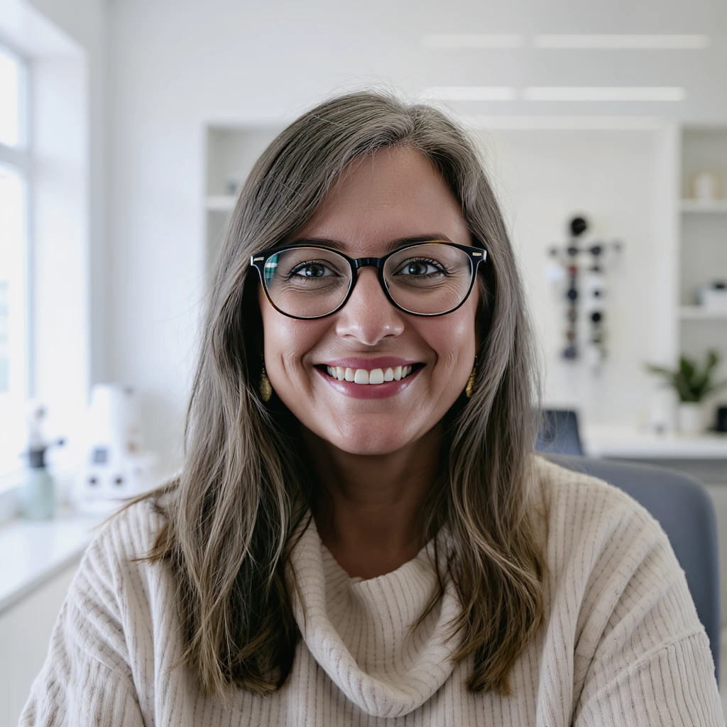 "Medium shot:2", Cinematic still of a smiling european white woman with glasses smiling, minimalistic ophthalmologist interior in background, leading  lines, rule of thirds emoji