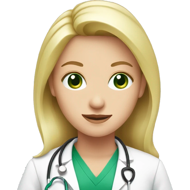 Blond woman doctor with green eyes wearing pink emoji
