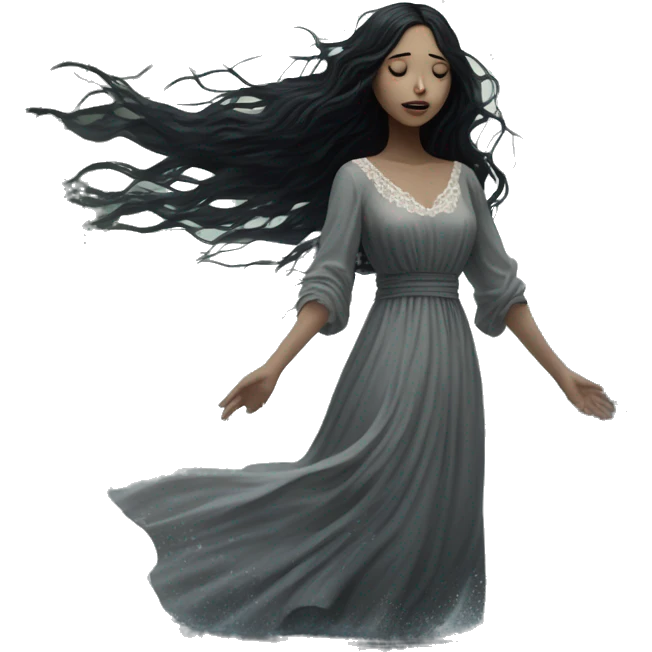 Dramatic girl soaked in water   very pale with dark lighting  with black hair  in river with very very long lace dress  black long hair flying in the wind no face  emoji