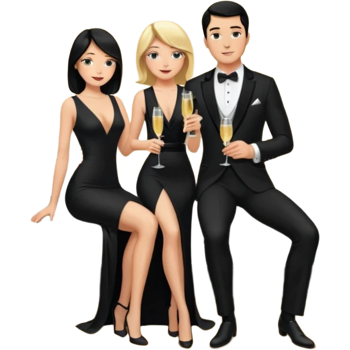 Blonde woman, black, Long, tight, sleveless Dress, Slot left Leg, man, DARK Hair, in Dinner jacket, Background bedroom, drinking champaign emoji