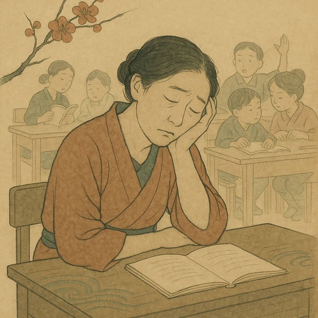 exhausted teacher in a bustling classroom emoji