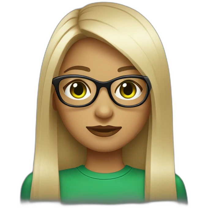 une fille avec de long cheveux noir lisse , des yeux vert , et avec des lunette (en forme de carrer un peu déformé) assez grosse comparer a ça tête , portant un pull noir emoji