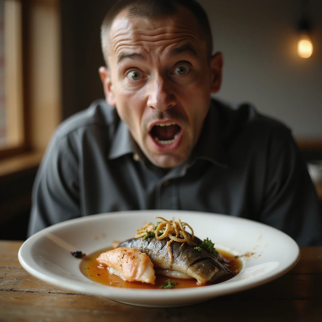 hyperrealistic style of a man horrified looking at his plate of sushi and raw fish noticing parasites among the food, Japanese restaurant environment, 4K details emoji