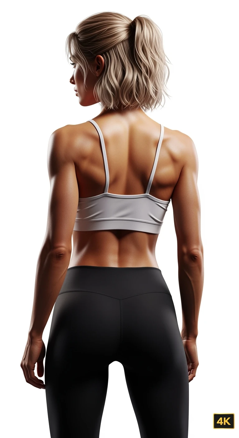 DONNA FITNESS DI SPALLE, IPERREALISTICA 4K, SFONDO BIANCO emoji