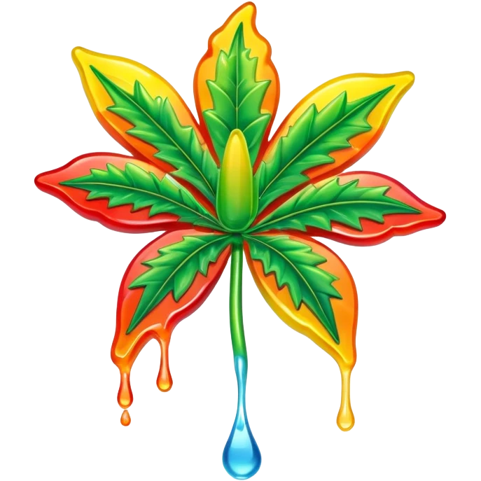 generate an emoji-style image of a juicy gummy shaped like a marijuana flower, make it colorful and with liquid dripping out emoji