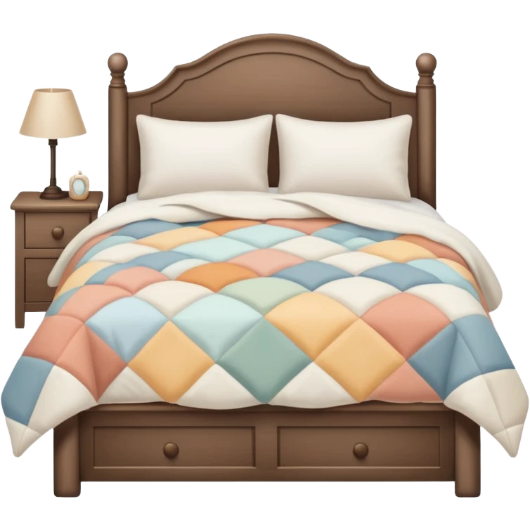 white bed with cozy quilt in muted colors  emoji