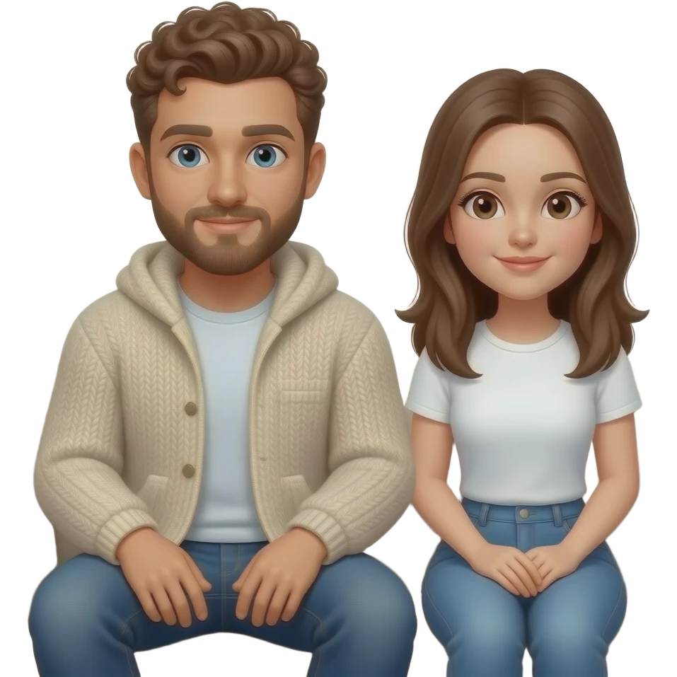 Realistic white man brown super short curly hair with beard being cozy with realistic white girl brown long straight hair on couch emoji