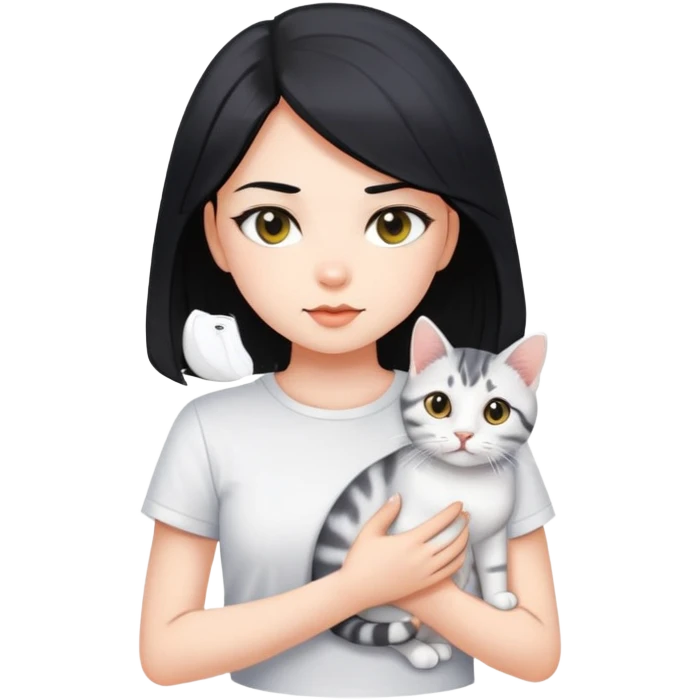 Long black hair beautiful girl wearing a white short-sleeved shirt tightly holding an American shorthair emoji