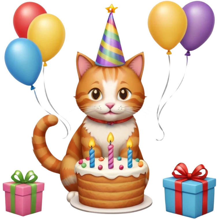 Ginger cat celebrates birthday, birthday hat, birthday cake, balloons, happy, gifts emoji