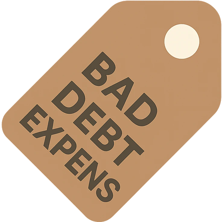 brown price tag icon with 'bad debt expense' in bold clear lettering emoji