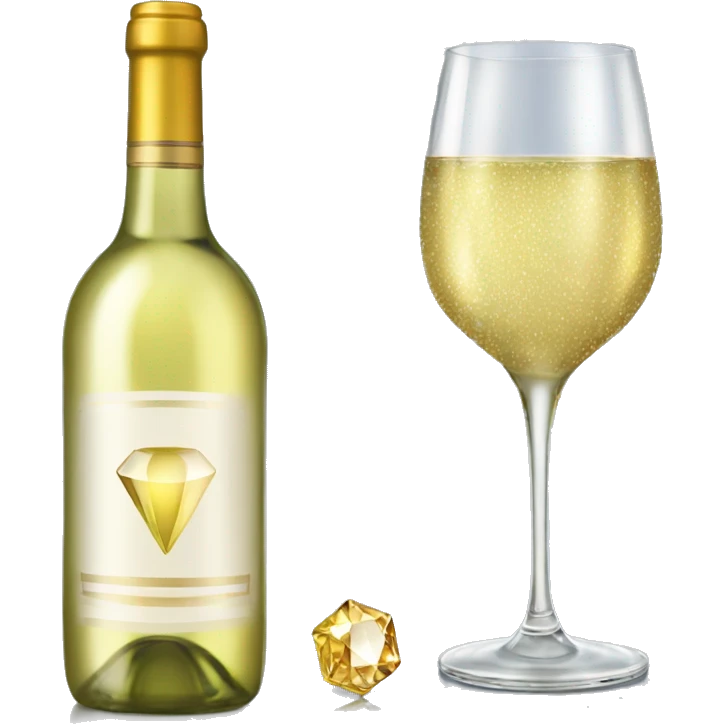 Realistic sparkling diamond glam bottle of white Wine and matching long stem wine glass. emoji
