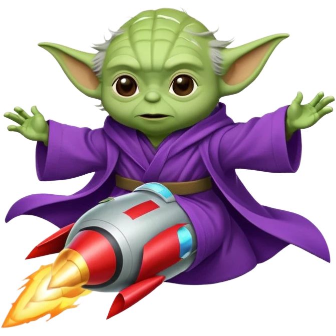 yoda in a purple robe flying in a rocket emoji