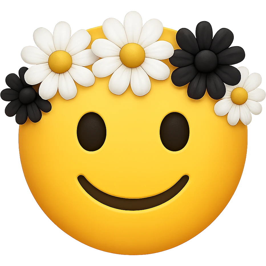 yellow face with white and black flower crown emoji, digital illustration, remove background emoji