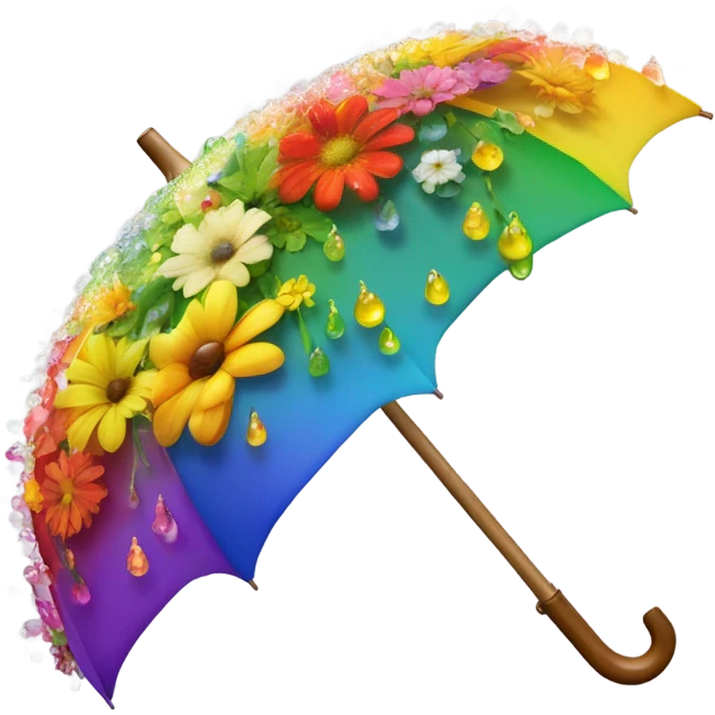 Rainbow umbrella made of flowers with dew drops dripping off and a large handle  emoji