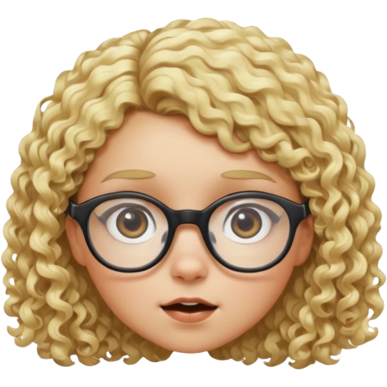 Une fille à lunette, avec des yeux bichromatiques au cheveux très courts et bouclés blondes, de la taille d'un nain, que l'on voit en contre plongée en très grand plan de façon drôle  emoji