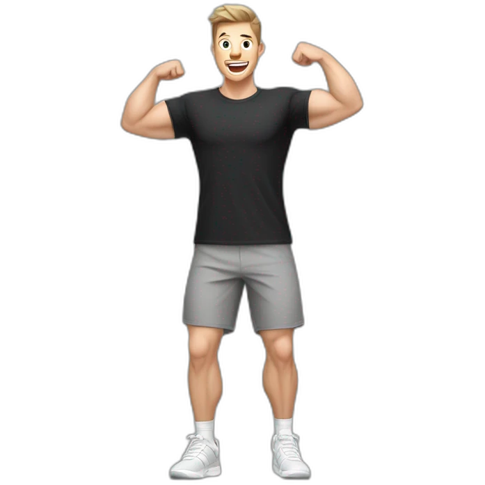 amazed Open with surprise mouth Pale skinned Fit Man With the biceps and dark brown hair in black shirt, gray sports shorts and white Sneakers emoji