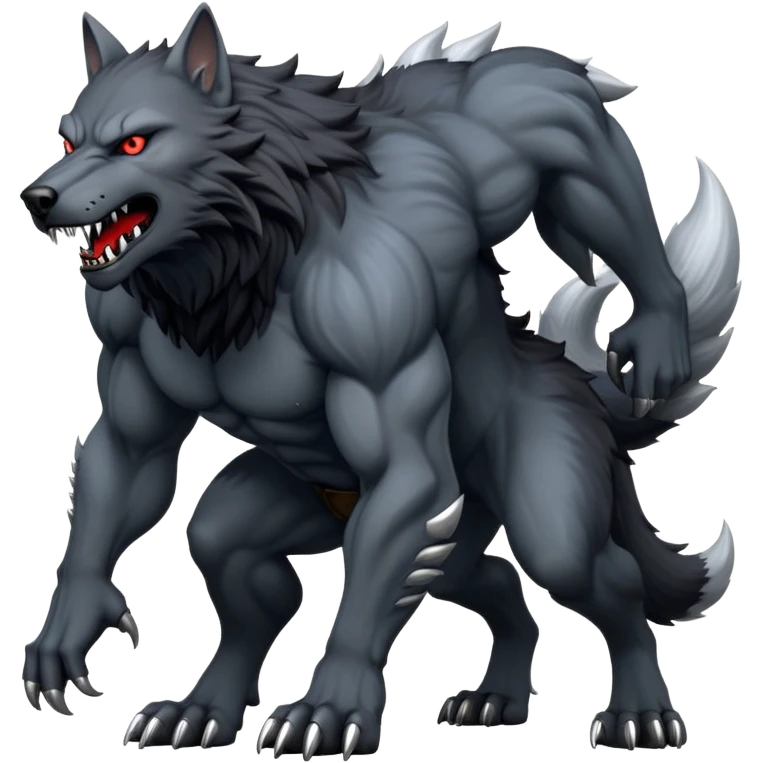 cinematic-noble-fierce-werewolf-full body on all fours-emoji, poised-and-imposing, with a tall, lean, and muscular wolfish frame inspired by the brutal, imposing shape of the beast from Berserk, fur rippling in shades of midnight black and silver, massive paws with razor-sharp claws, elongated limbs and fangs, eyes glowing with an intense, primal ferocity, reflecting the untamed power of the wild moonlit night; rendered with realism like a wolf hunched over emoji