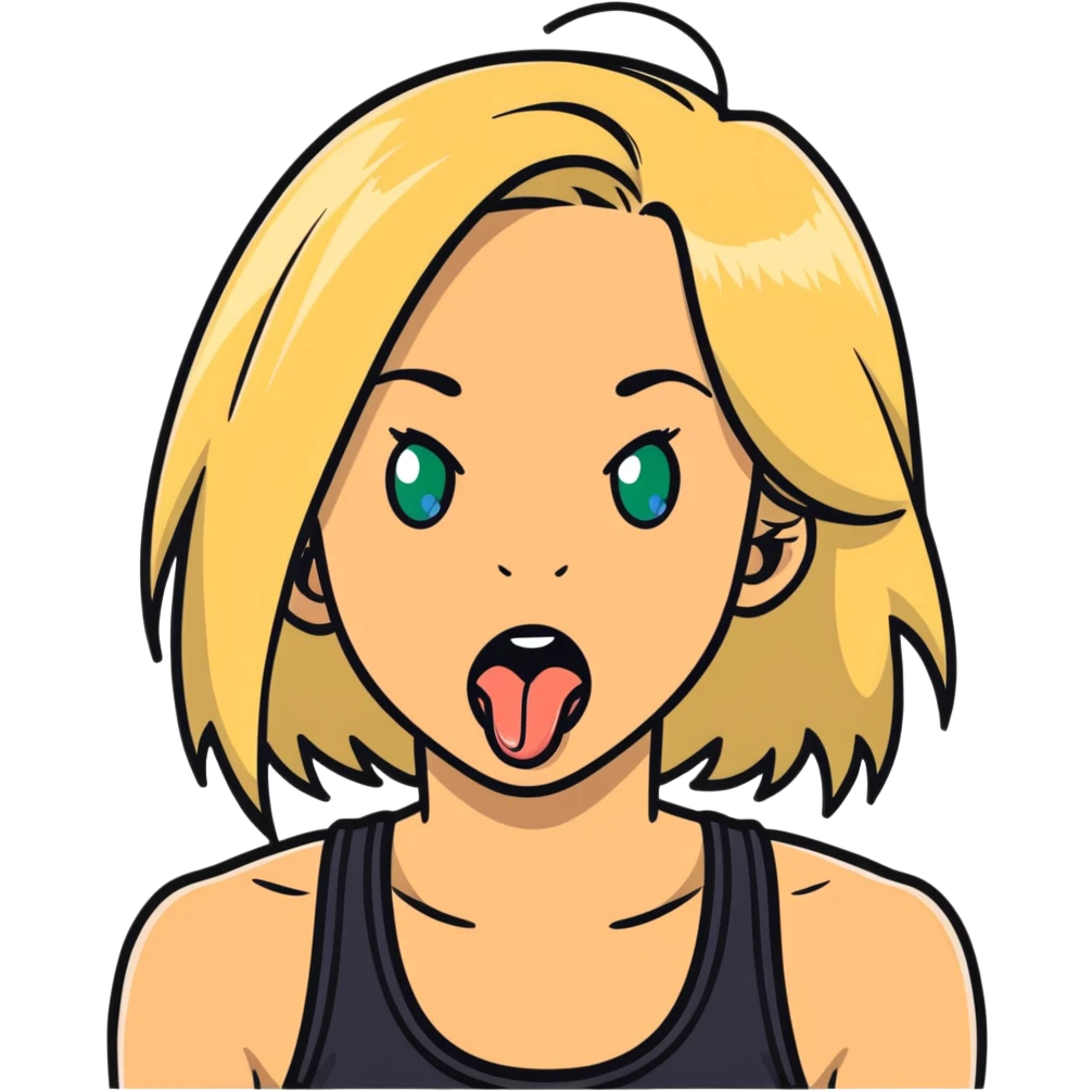 dirty blonde girl with blueish green eyes, black tank top, sticking tongue out and drooling emoji