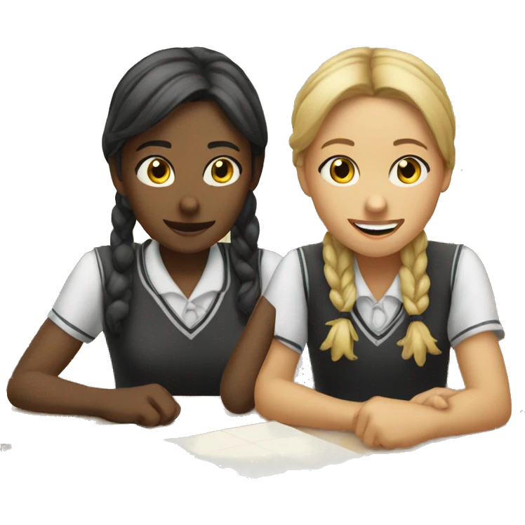Two schoolgirl at the table are talkng emoji