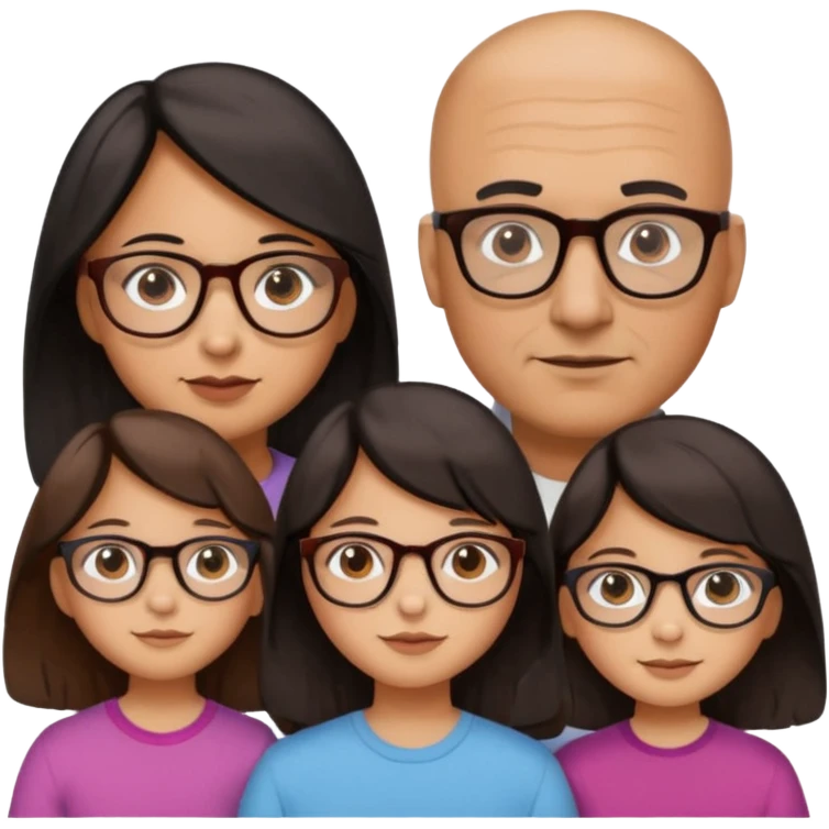 Papà calvo con occhiali, mamma capelli neri occhi marroni no occhiali, figlia capelli marroni mossi e occhiali tartarugati con montatura spessa occhi marroni, figlia capelli lisci marroni occhiali neri con montatura grande e fina occhi marroni  emoji