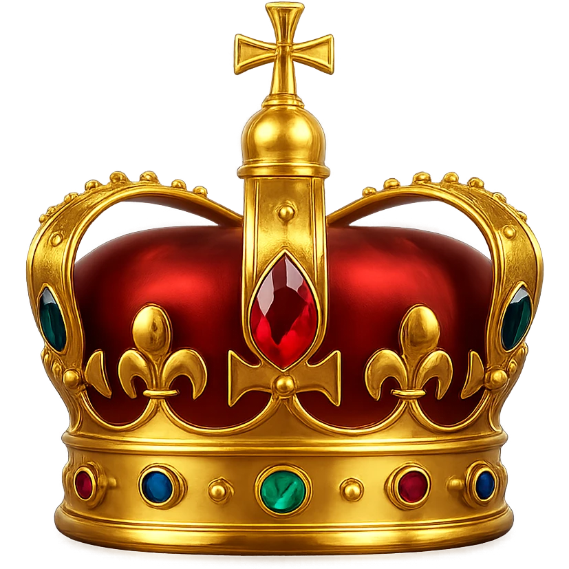 traditional royal crown in polished gold, adorned with colorful gemstones and a soft reflective glow emoji