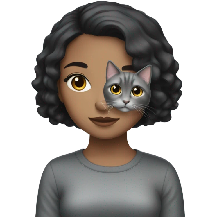 A black haired girl with a grey British short haired cat emoji