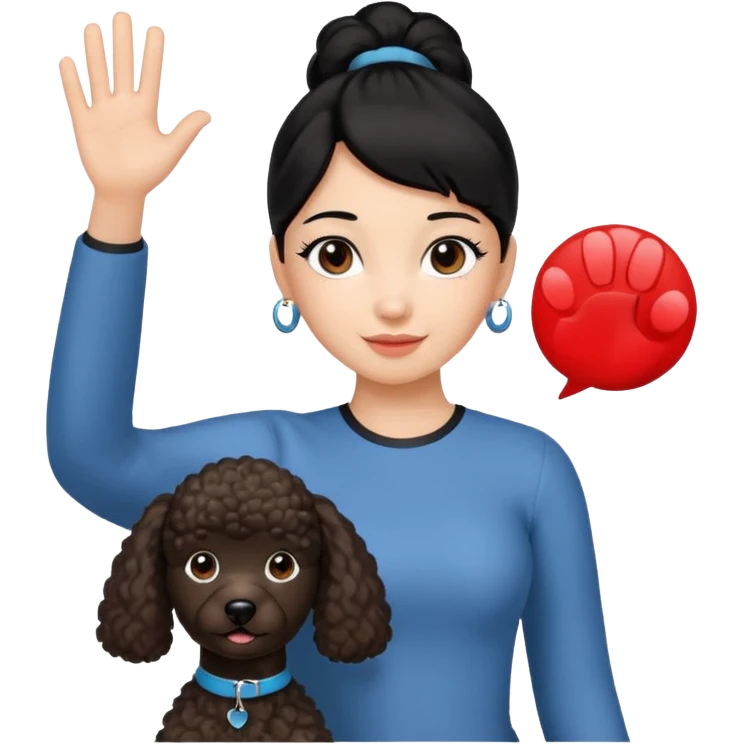 Ponytail black hair girl with brown Poodle say goodbye  emoji