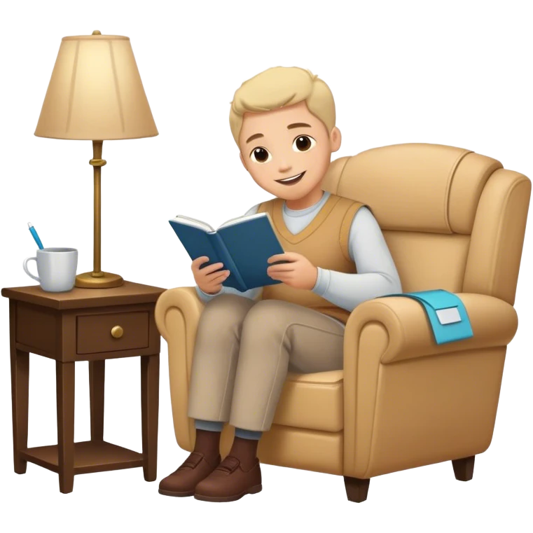 A person sits mindfully in a chair, a gratitude journal nearby, and a phone turned off. A bird chirps outside, a scented candle burns, and a small hidden gift bag peeks from under the table. A framed quote says, "Be Kind to Yourself," while they share a smile with someone. emoji