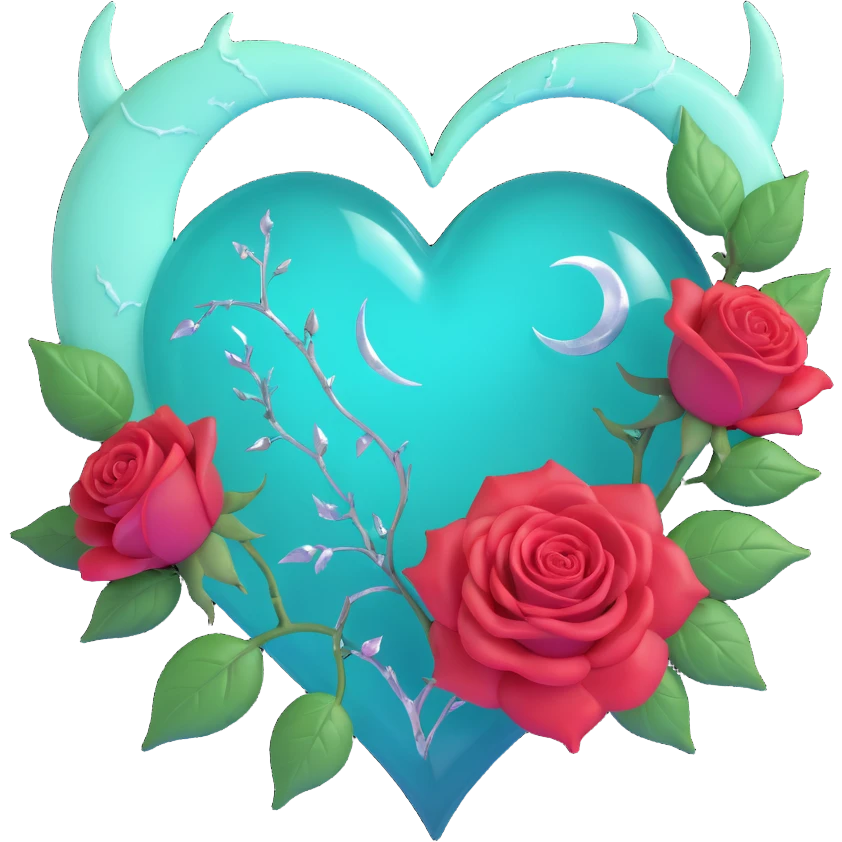 gothic heart made of teal glass, silver crescent moon, glowing mint green roses, holographic stardust, neon white lightning, drenched and splintered glass emoji