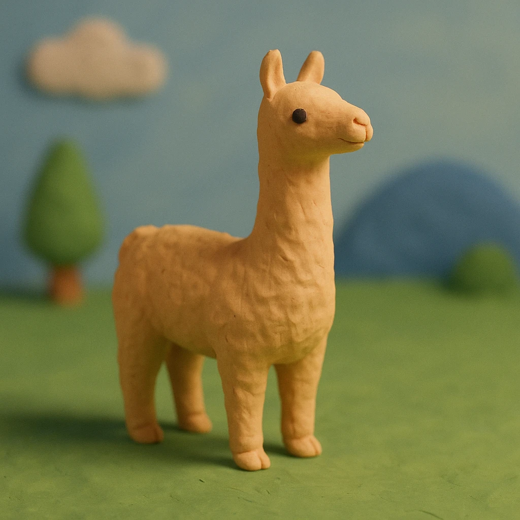 llama in claymation style standing on green grass with visible fingerprints and pastel palette emoji