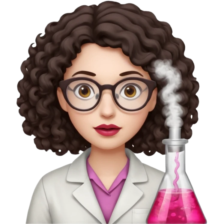 A crazy female scientist, with curly-wavy dark brown medium lenght hair, brown eyes and light grey glasses and pale skin and pinkish lips, dressed to look like an english teacher but in neutral tones like grey black white, maybe with the pop of dark red, she should look slighltly insane emoji