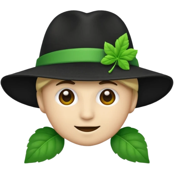 créer un emoji farfadet en noir et blanc, en traçant que les contours, sans pot de pièces dans la main et avec un trèfle à 4 feuilles sur le chapeau emoji