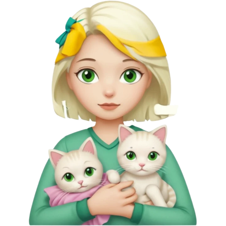 Platinum blonde hair girl with green eyes holding rag doll cat  emoji