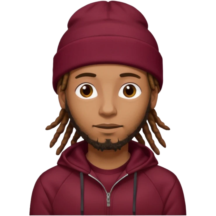 Animate a caramel skinned male with brown dreads and a tan colored  beanie with a burgundy tracksuit on with no beard  emoji