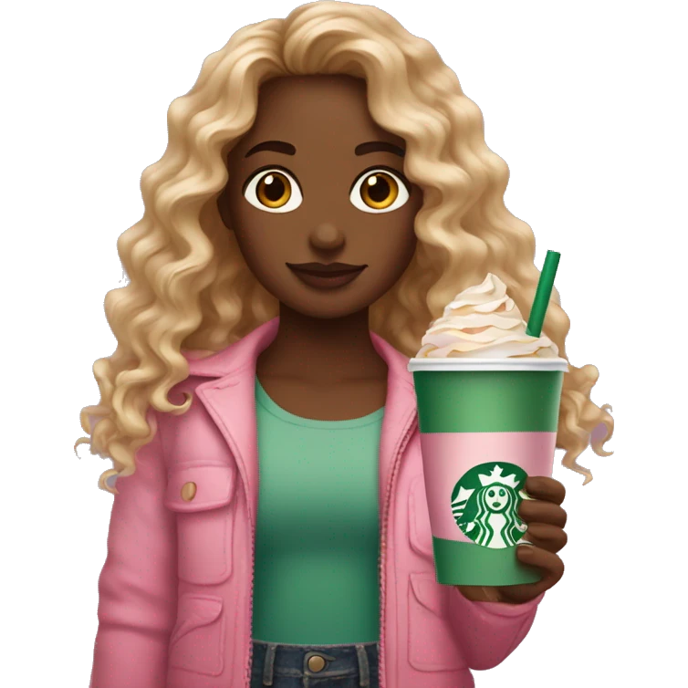 girl with brown and blonde ombré long curly hair holding Pink starbucks refresher emoji