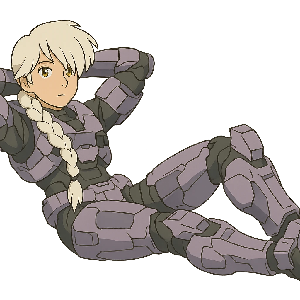 female, wearing reach spartan armor shoulder-unequip, long white braid hair with massive messy front side single bangs, gold yellow eyes, attention pose, HALO:series, no helmet, the armor is lavender color scheme, laying back and relaxing flat on the ground emoji
