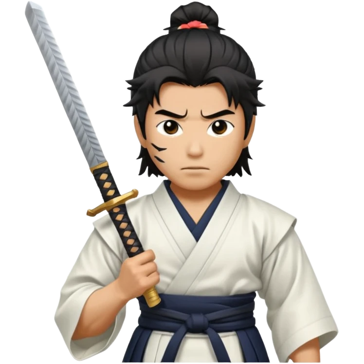 japanese samurai holding samurai sword he is wearing white kimono he has muscles and black messy hair  emoji