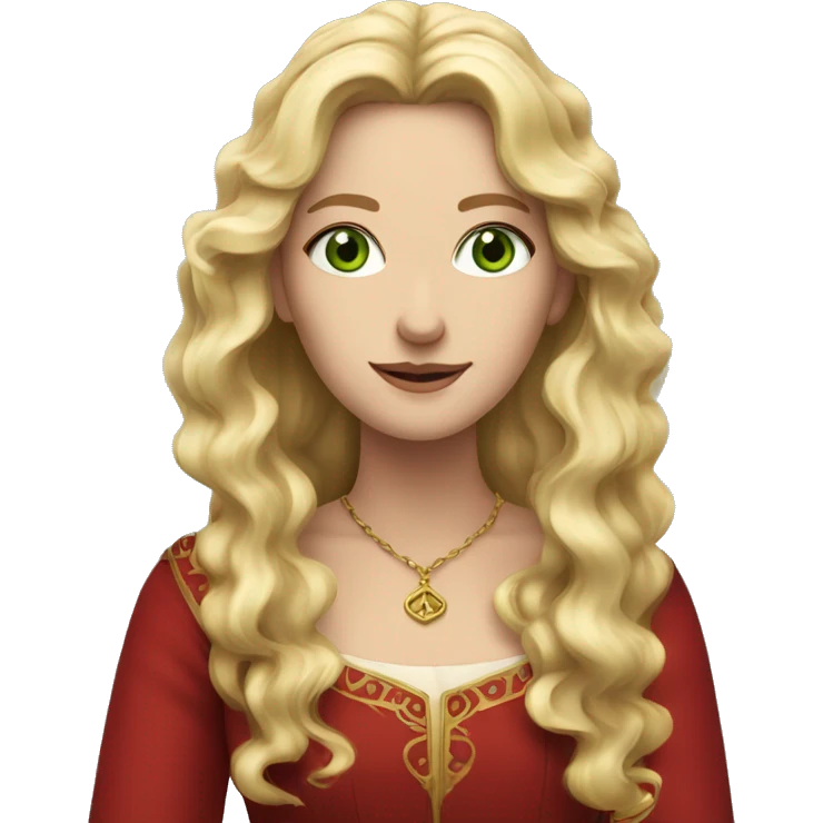 Woman with wavy blonde hair, green eyes, red medieval dress emoji