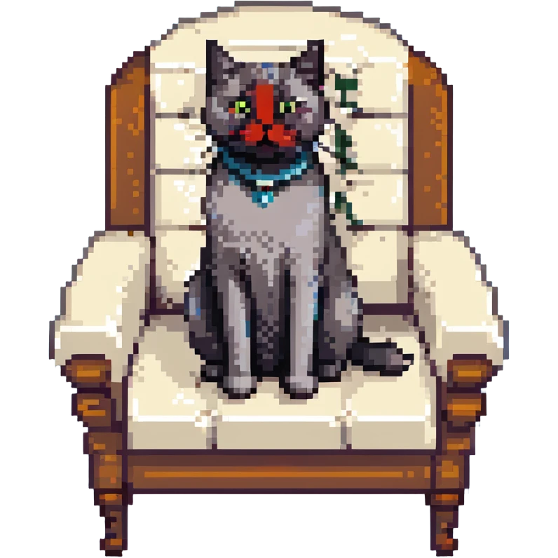 A gray cat with a black nose sitting on a throne looking at the world with disgust emoji