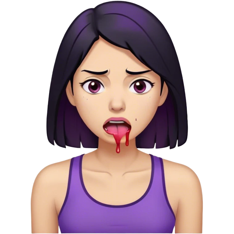 A digitally illustrated emoji-style character of a woman with shoulder-length black hair, wearing a purple shirt. Her expression shows extreme exhaustion or dehydration—her eyes are bloodshot and dry, her tongue is sticking out, and she has a single sweat drop on her cheek. The image has a clean white background emoji