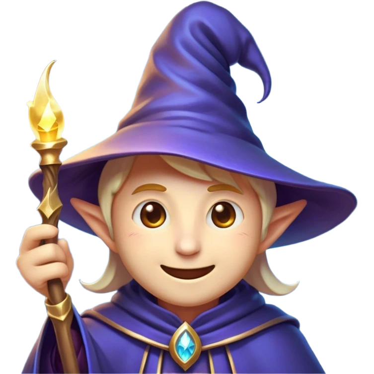 Clash of Clans aesthetic Playful Mage Portrait Emoji, Head tilted with a mischievous glimmer and subtle enchanting smile, featuring a compact, gracefully robed form with a pointed wizard hat and twinkling eyes in natural skin tone, Simplified yet irresistibly charming features, highly detailed, glowing with a warm, inviting magical glow, high shine, spirited and imaginative, stylized with a touch of whimsical sorcery, soft glowing outline, capturing the essence of a playful mage exuding friendly arcane wonder! emoji