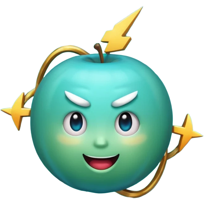 Uranus emoji in Apple-style, blue-green planet with rings, big excited playful face, prominent clearly visible bold lightning bolt, radiating chaotic electric energy emoji