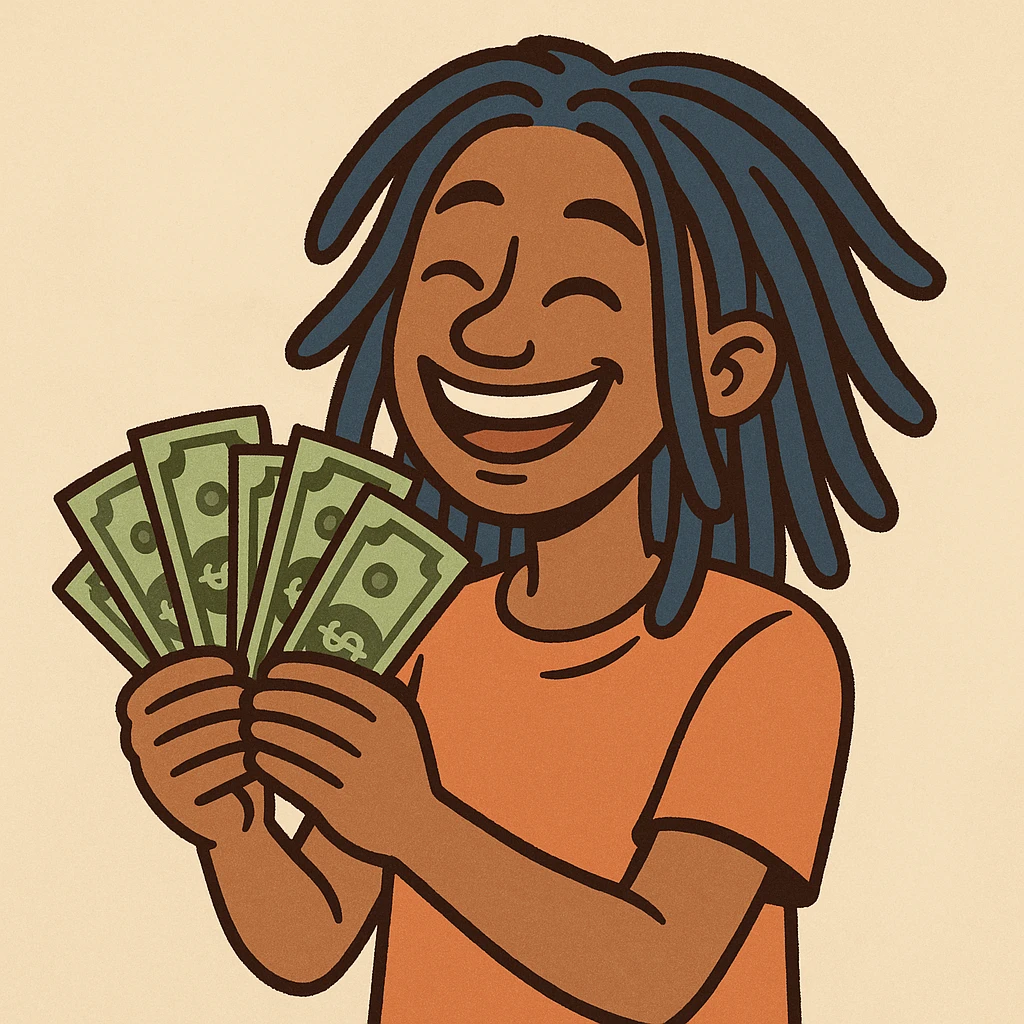 a smiling person with blue dreads, fanning out dollar bills, playful style emoji
