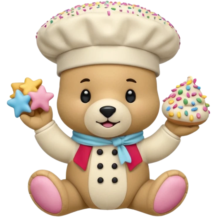 quiero un oso

Mejillas rosadas

Sprinkles en forma de estrellitas

Patitas pequeñas y redonditas

Un gorrito de chef mini

Expresiones cambiantes (feliz, sorprendido, emocionado) emoji