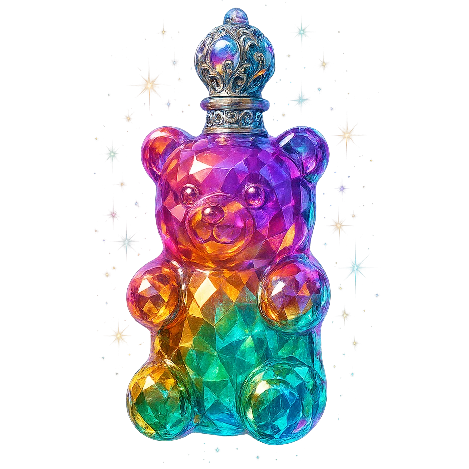 luxurious crystal elixir bottle in gummy bear shape, vibrant translucent color, ornate silver and iridescent details, very small neck, seamless bottom, bottle clearly floating in air, no base or shadow, modern, collection style, extra magical glowing and sparkling effects emoji