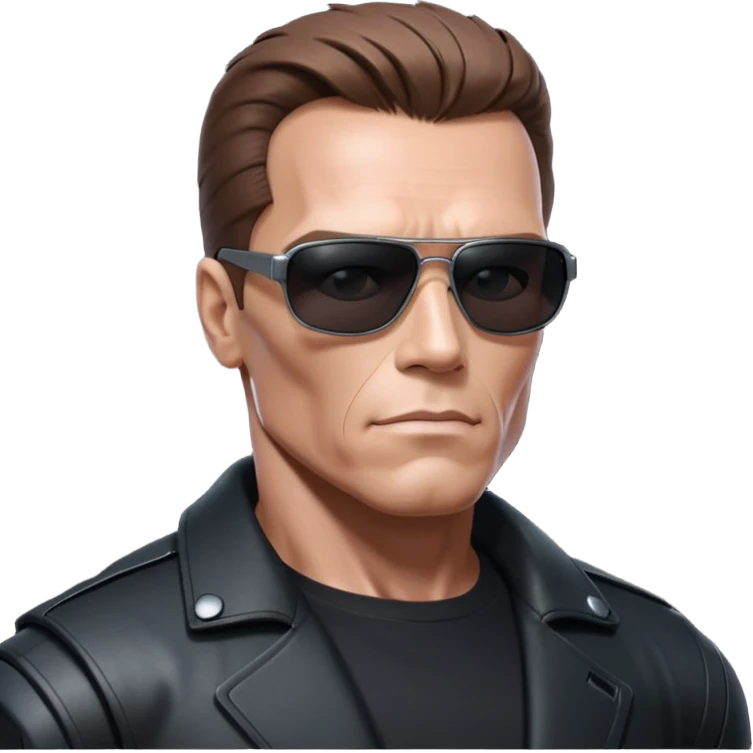 Schwarzenegger-like Terminator, upper body only, wearing his iconic clothes in black (all clothes must be black), looking more human with minimal robotic details, and wearing dark sunglasses, view from the side emoji