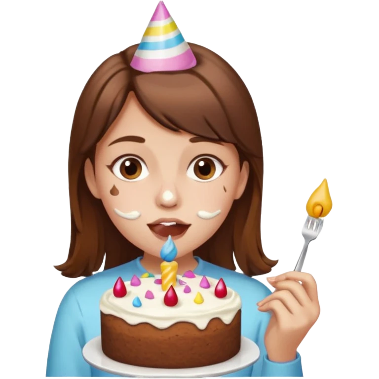 Brown hair Birthday girl eating a cake emoji
