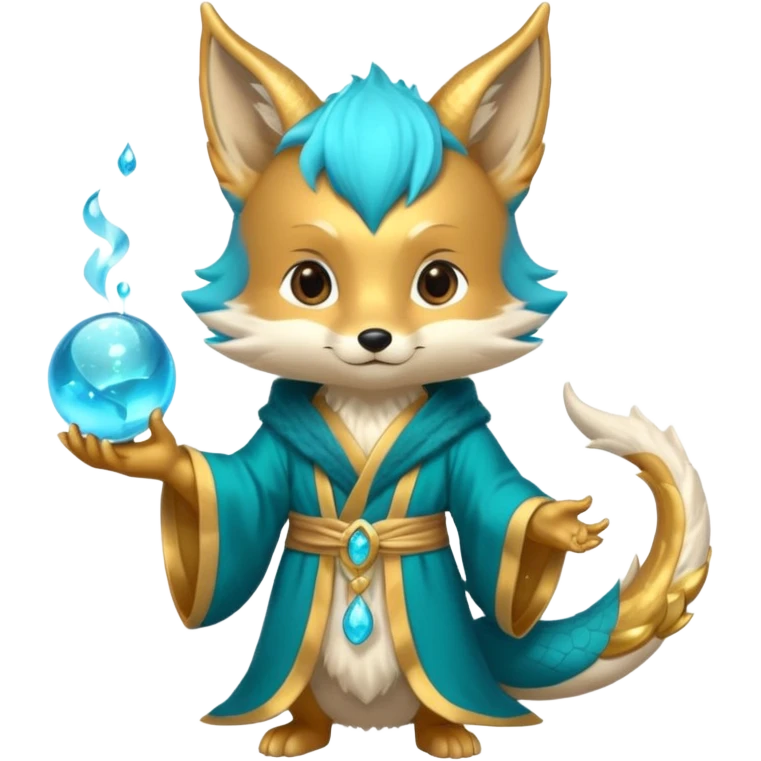 Chibi teal fox with small antler horns, confident magical expression, gold mark on forehead, teal-gold robe, holding glowing blue water orbs, with dragon tail emoji