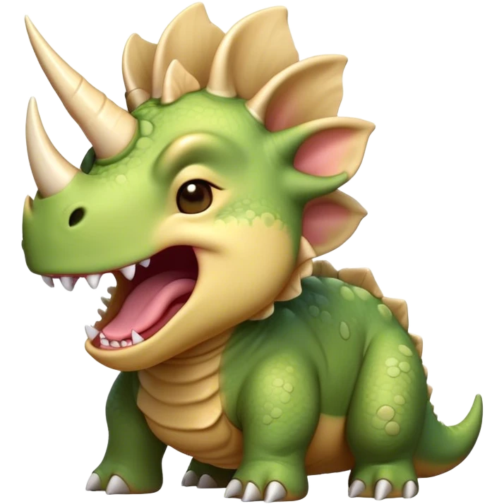 Cinematic Cute Yawning Triceratops Portrait Emoji, Head tilted slightly with a dramatic, wide-open yawn, showcasing a robust, horned body with a frilled head and sleepy, half-closed eyes, Simplified yet irresistibly cute features, highly detailed, glowing with a soft, cozy prehistoric glow, high shine, relaxed yet expressive, stylized with a dash of whimsical ancient charm, soft glowing outline, capturing the essence of a drowsy yet affectionate Triceratops that appears ready to stretch and yawn its way out of the screen! emoji